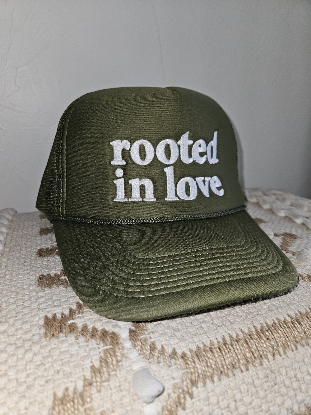 Trucker Hat Snap Back Olive Green Rooted in Love Baseball Cap Nissin Embroidered